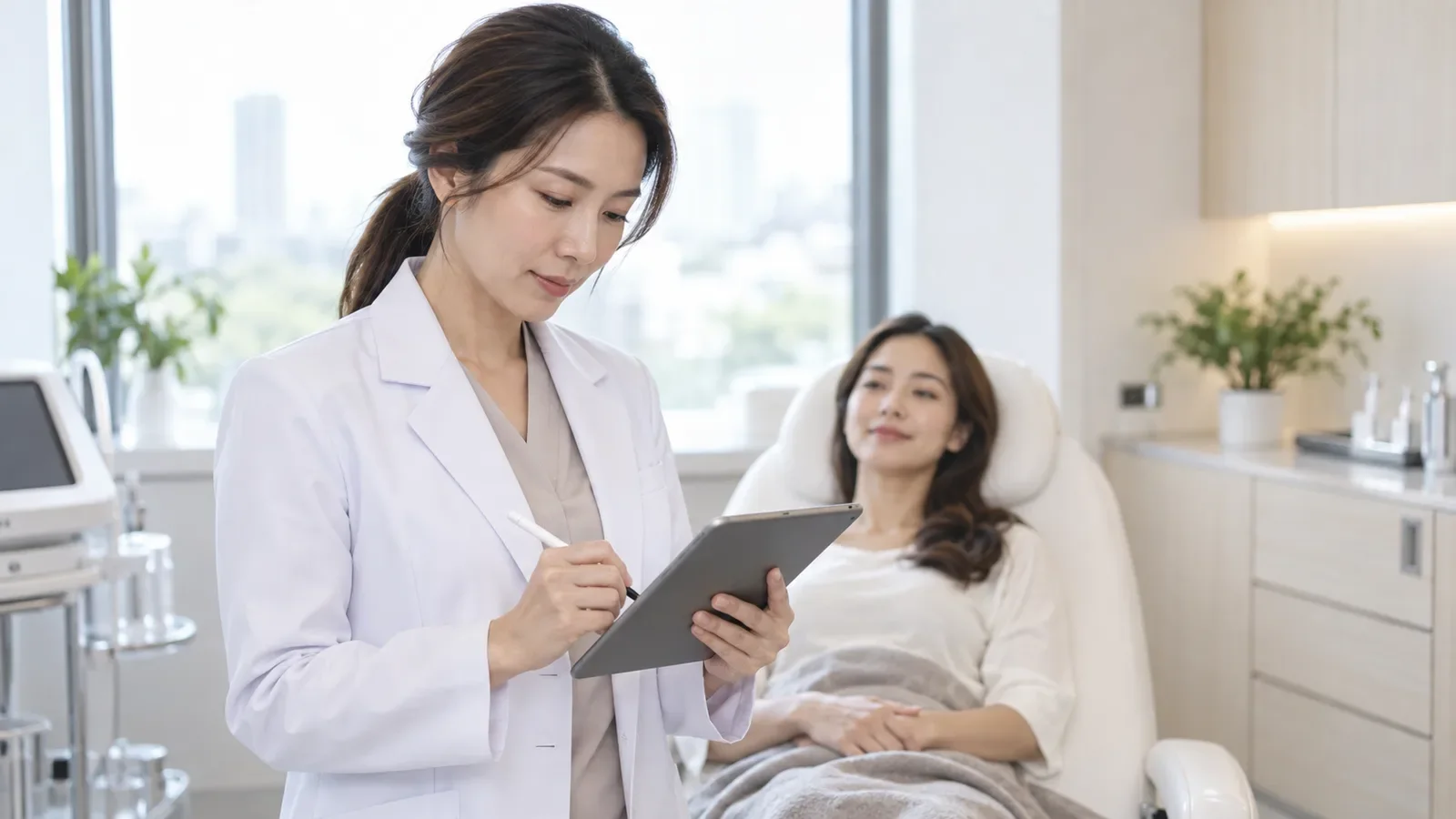Clinician using a tablet while caring for a patient in a clinic
